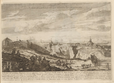 Fodinae aerariae Falunensis, qua orientem spectat, delineatio, View of the copper mine near Falun,