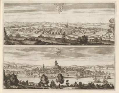 View of Lindesberg and Nora, Lindesberg, Nora, Suecia Antiqua et Hodierna, print, album page,