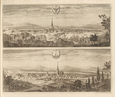 Carlstad, Christinehambn, View of Karlstad and Kristinehamn, Suecia Antiqua et Hodierna, print,