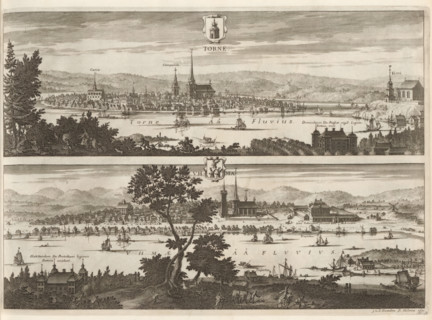 View of Torneå and Umeå, Torne, Uhma, Suecia Antiqua et Hodierna, print, album page, printmaker: