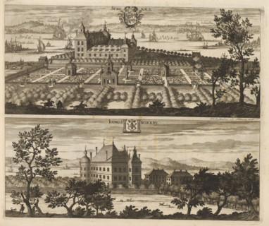 Schenaes, Kongs Norrby, View of Skenäs Castle and Kungs Norrby Castle, Suecia Antiqua et Hodierna,
