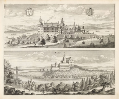 Grääsnääs, Nääs, View of Gräfsnäs Castle and Nääs Castle, Suecia Antiqua et Hodierna, print, album