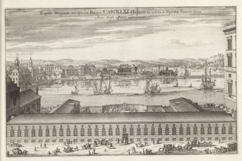 Equile Regium auspicio Regis Caroli XI, built on Helgeandsholmen in Stockholm. Behind it ships on