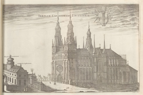 View of Uppsala Cathedral, Templum Cathedrale Upsaliense, Suecia Antiqua et Hodierna, print, album