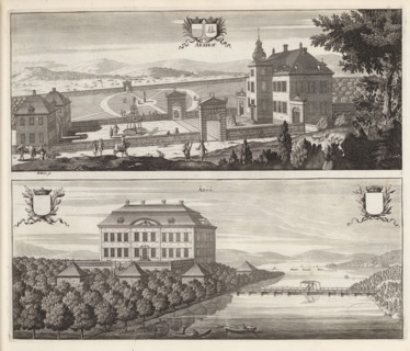 View of Åkeshov Palace and Adö Manor, Åkehof, Ådöö, Suecia Antiqua et Hodierna, print, album page,