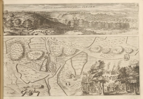 Panorama and map of the antiquities in Finsta, Antiquitates et monumenta circa praedium Finsta,