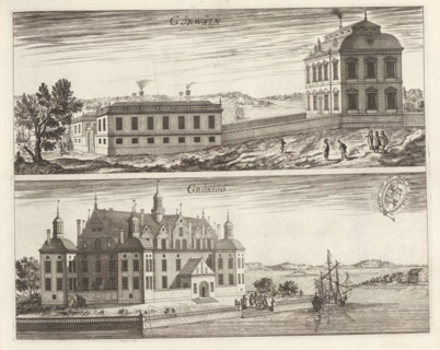 Görwäln, Grönsöö, View of Görväln manor and Grönsö manor, Suecia Antiqua et Hodierna, print, album