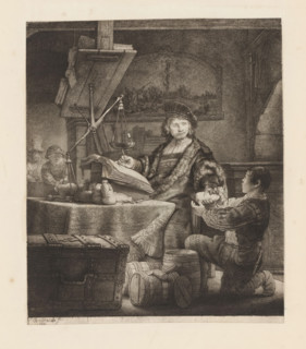 Jan Wtenbogaert, Goldweigher, print, album page, A well-dressed man in a fur coat and beret sits at