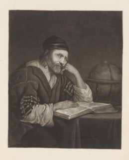 Geographer, print, album page, A man sits at a table. His right hand rests on an open book. His