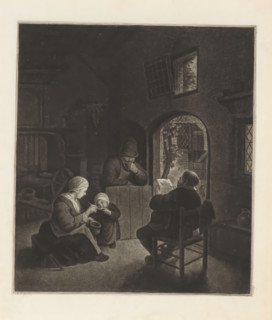 Interior with newspaper reader, print, album page, An interior with four farmers. A man on a chair