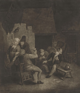 Peasant interior with eight people, print, album page, An interior with eight peasants. A man is