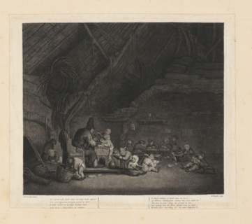 Interior of a school, print, album page, Interior with children, sitting on the floor and on low