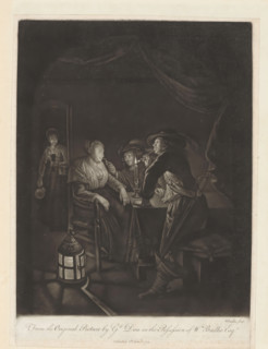 Interior with sleeping woman, print, album page, An interior with two soldiers wearing feathered