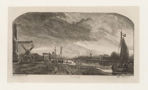 River view at evening, print, album page, River view with windmills, a bridge and ships. In the