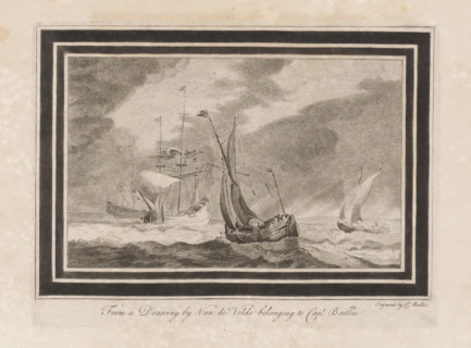 Four sailing ships, print, album page, printmaker: William Baillie, after drawing by Willem van de
