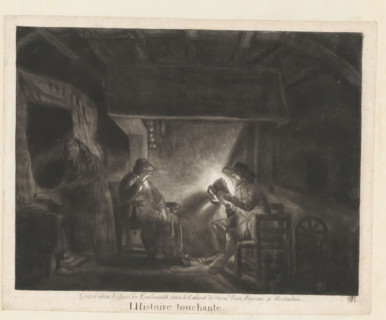 Interior with a man reading aloud, L'Histoire touchante, print, album page, A simple interior with