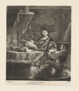 Goudweger, Jan Wtenbogaert, print, album page, A well-dressed man in a fur coat and beret sits at a
