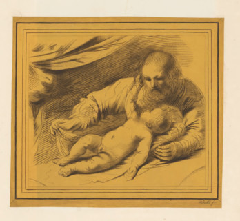 Joseph and the Christ Child, print, album page, A child lies on a bed and reaches for the face of