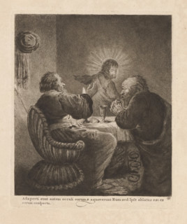Meal at Emmaus, print, album page, Two men sit at a table in a simple interior. One raises his