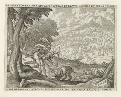 Faustulo pastore educati, Tiirocinia faciunt, Romulus and Remus fighting a lion, Life of Romulus