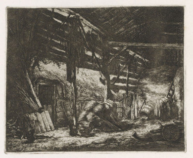 Interior of a hay barn, print, album page, On the right a woman bending forward. This print is part