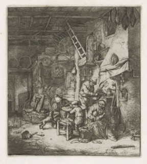 Peasant family in an interior, print, album page, The farmer's wife is looking after a small child,