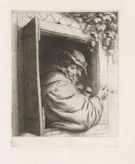 Smoking man in a window opening, print, album page, Man with a pipe and a drinking cup in a window