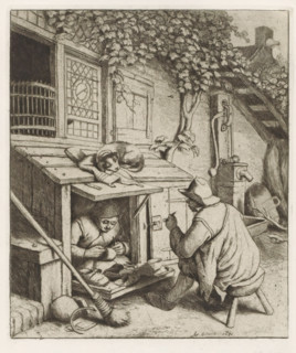 Shoemaker in a shop in front of his house and a customer, print, album page, A shoemaker sits in a
