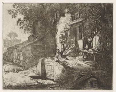 Woman spinning in front of a house, print, album page, In the yard in front of a house, a woman is