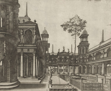 Courtyard surrounded by a colonnade in the Tuscan order, Variae architecturae formae, print, album