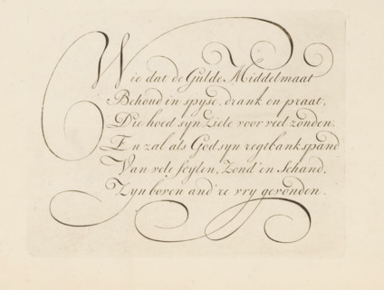 Writing example: Wie dat de Gulde Middelmaat, print, album page, ornamental print, printmaker:
