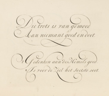 Writing example: That pride is of mind, print, album page, ornamental print, printmaker: Bastiaan