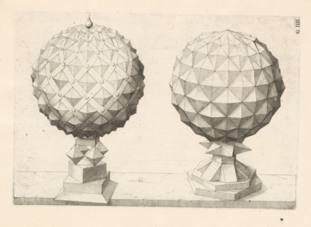 Two polyhedra with a sphere as a starting point, print, book illustration, page, The geometric