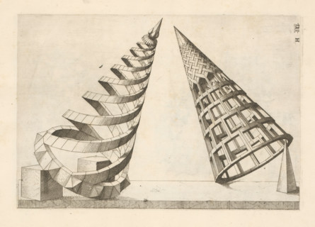 Two polyhedra with a cone as a starting point, print, book illustration, page, Complex geometric