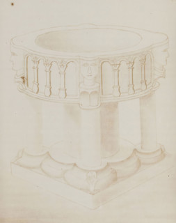 Photo reproduction of a drawing of the baptismal font in the Old St. Victor Church in Batenburg,