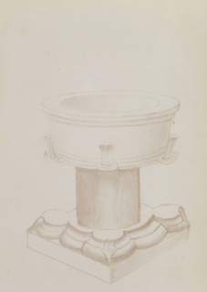 Photo reproduction of the drawn baptismal font of the church of Leur, photograph, reproduction,