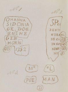 Photo reproduction of drawings after signs on the graves of Johanna Sidonie van Horne and Statius
