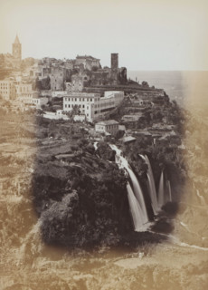 Waterfalls of Tivoli, Italy, album page, photograph, This photo is part of an album., Tivoli, 1870