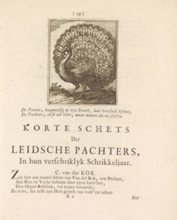 Peacock, print, book illustration, A peacock with ruffled tail feathers. Accompanying a two-line