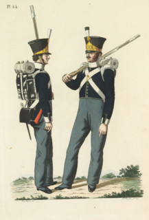 Flanker and Fusilier, of the National Infantry, print, A Dutch flanker and a fusilier of the 10th