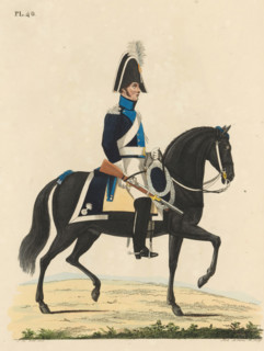 Maréchaussée, on horseback, in full uniform, print, A Dutch Marechaussee in full uniform on