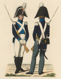 Maréchaussées, on foot, in large and small uniforms, print, Two Dutch military police on foot, in
