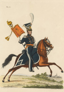 Cornet of the Lancers, in full dress, on horseback, with the Standard, print, A Dutch cornet of the