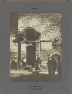 Entrance to the town hall in Delft with boys in front of the gate, Town Hall (West side.) Entrance,