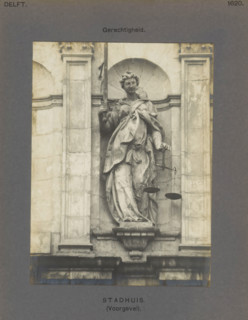 Sculpture of Lady Justice on the town hall in Delft, Town Hall (Facade). Justice, photograph,