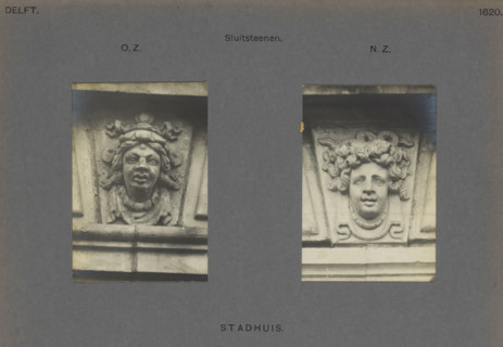 Town Hall. Keystones, Two keystones of the town hall in Delft, decorated with heads, photograph,