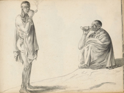 Two South African Khoisan men smoking a pipe, sketchbook page, The two Khoisan men are standing