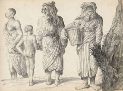 Three women and a child, sketchbook page, On the left, a woman is walking out of the frame. She is