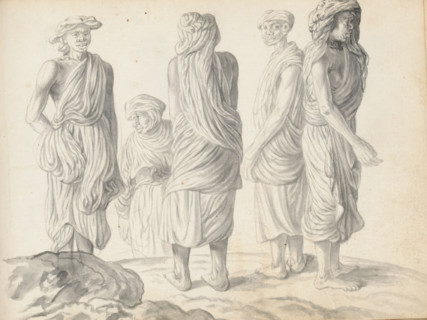 Five women labourers at the roadside, sketchbook page, Group of five women outside on a sloping