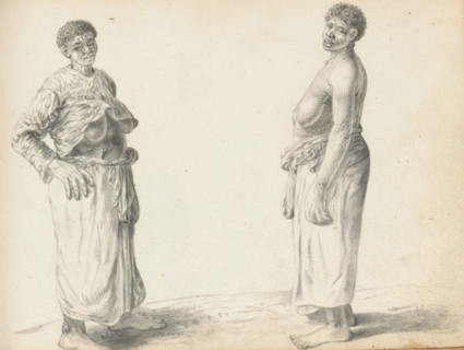 Two wet nurses, sketchbook page, Outside, two women with African features and short curly hair are